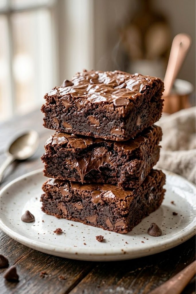 A stack of fudgy zero sugar brownies with Greek yogurt on a white plate showing their rich chocolate interior and crinkly top
