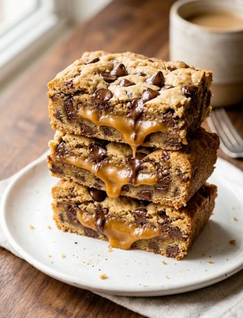 A stack of three gooey caramel cookie bars on a white plate showing the thick caramel layer running through the middle of soft chewy cookie dough with melted chocolate chips throughout