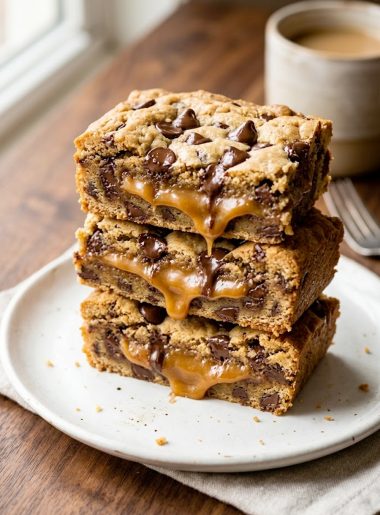 A stack of three gooey caramel cookie bars on a white plate showing the thick caramel layer running through the middle of soft chewy cookie dough with melted chocolate chips throughout