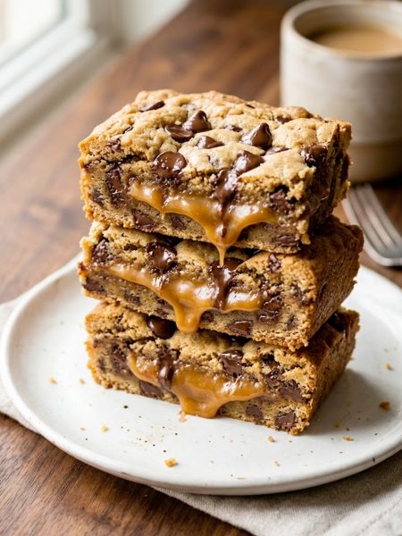 A stack of three gooey caramel cookie bars on a white plate showing the thick caramel layer running through the middle of soft chewy cookie dough with melted chocolate chips throughout