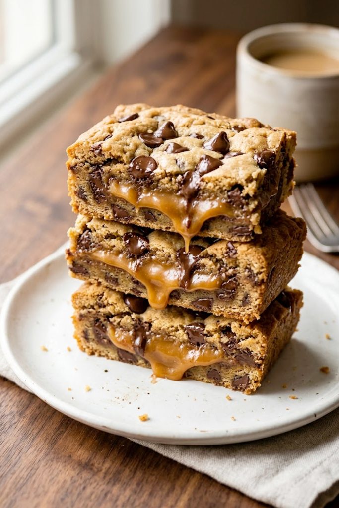 A stack of three gooey caramel cookie bars on a white plate showing the thick caramel layer running through the middle of soft chewy cookie dough with melted chocolate chips throughout
