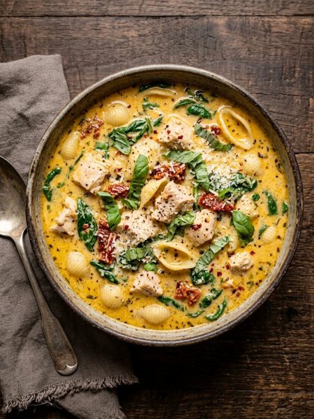 A large bowl of creamy Tuscan chicken soup with tender chicken chunks, shell pasta, wilted spinach, and sun-dried tomatoes in a golden cream broth, photographed on a dark rustic wooden surface