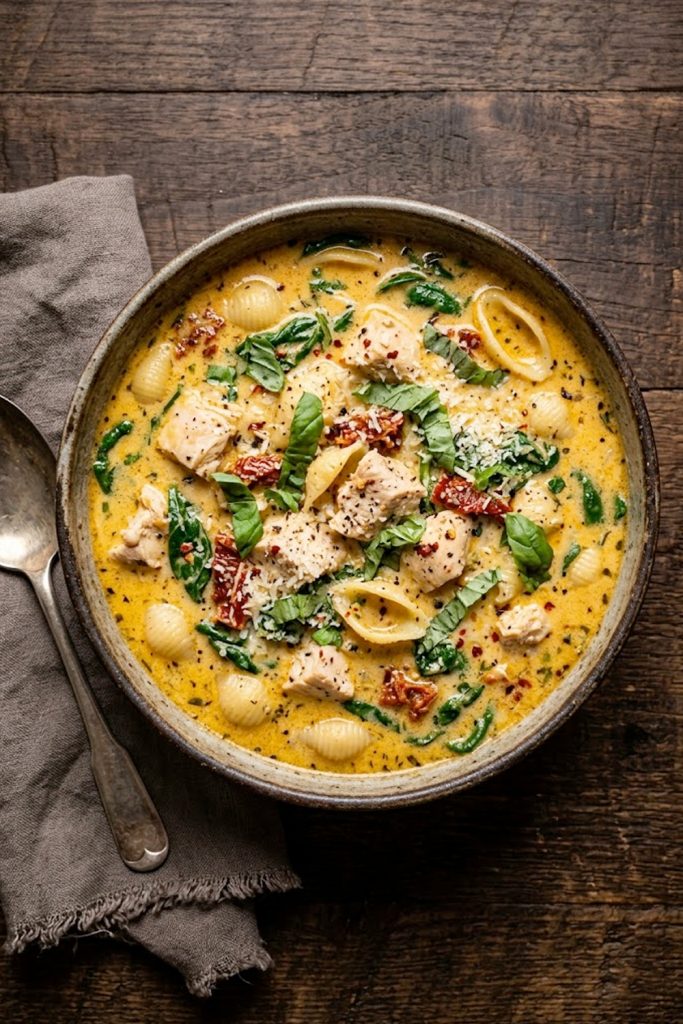 A large bowl of creamy Tuscan chicken soup with tender chicken chunks, shell pasta, wilted spinach, and sun-dried tomatoes in a golden cream broth, photographed on a dark rustic wooden surface