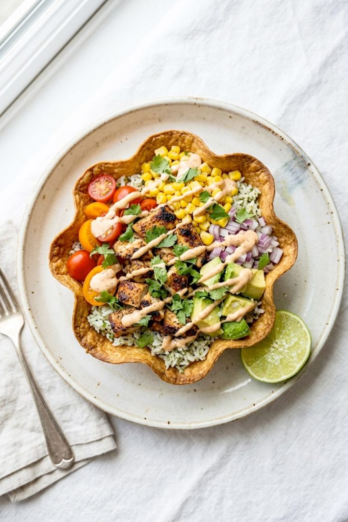 A crispy baked tortilla bowl filled with seasoned grilled chicken, cilantro lime rice, sweet corn, fresh tomatoes, red onion, avocado chunks, and a creamy chipotle drizzle on a white surface
