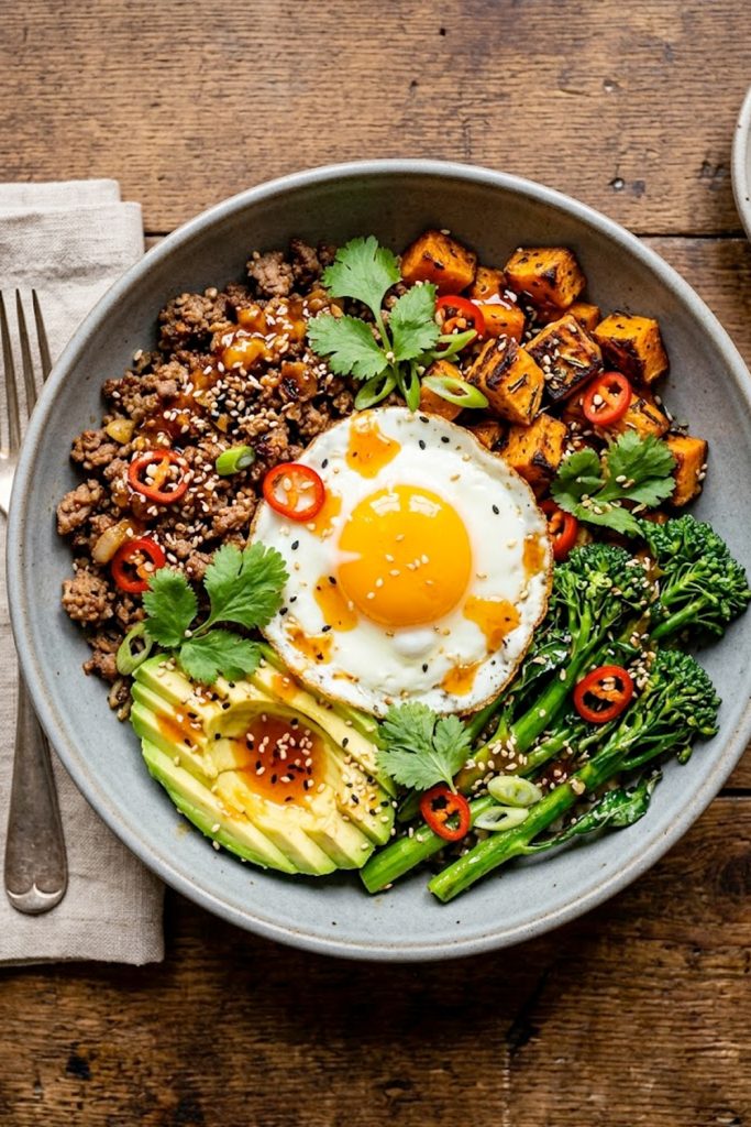A gray ceramic bowl filled with seasoned ground beef, roasted sweet potato cubes, broccolini, sliced avocado, and a fried egg drizzled with sticky hot honey sauce and garnished with sesame seeds, red chili, and fresh cilantro on a wooden surface