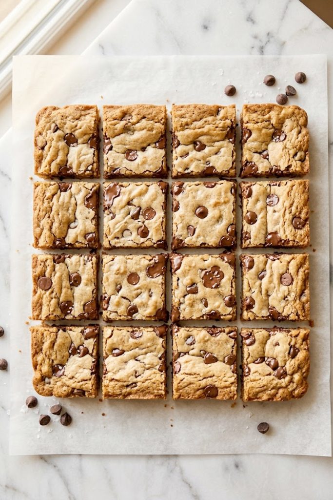 Overhead shot of soft and chewy chocolate chip cookie bars cut into squares on parchment paper showing golden edges and melted chocolate chips throughout